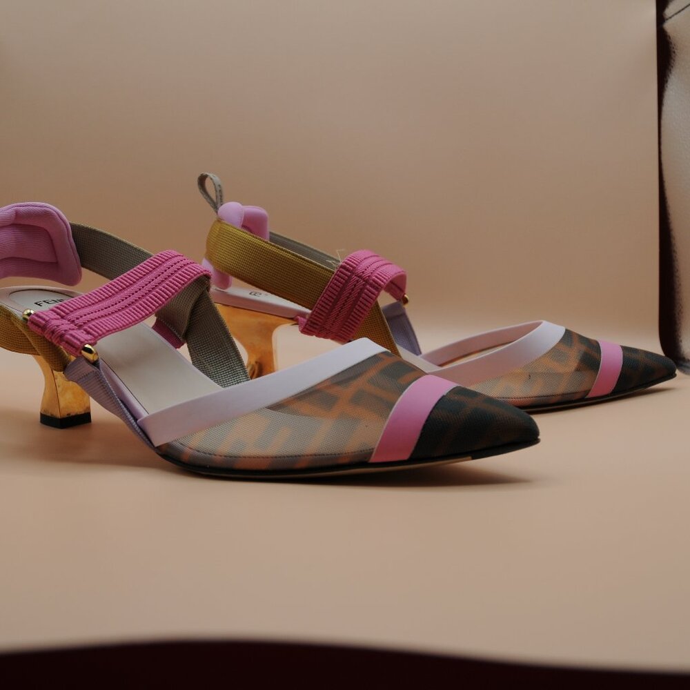 Fendi Colibri 55mm Mesh Slingback Pumps Pink Gold Monogram - Picture 2 of 7